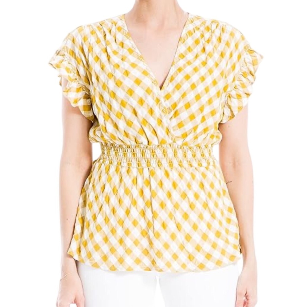 Max Studio Yellow Gingham Plaid Smocked Peplum Top Medium Cottagecore Boho